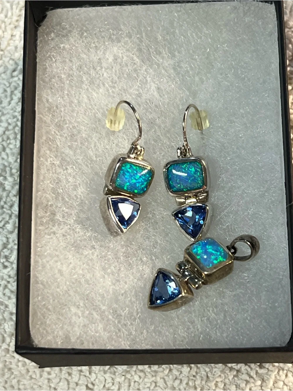 Blue Opal and Sapphire Drop Earrings and Pendant Set - Silver